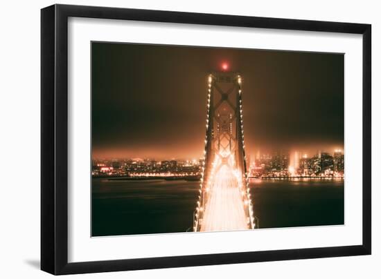 Bay Bridge Night Head On View in Peach, San Francisco-Vincent James-Framed Photographic Print