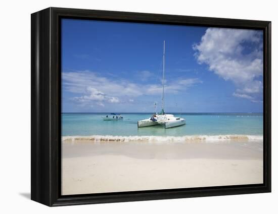 Bay Islands, Roatan, West Bay, Man Reading Book on Catamaran, Honduras-Jane Sweeney-Framed Premier Image Canvas