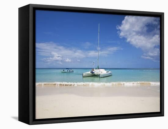 Bay Islands, Roatan, West Bay, Man Reading Book on Catamaran, Honduras-Jane Sweeney-Framed Premier Image Canvas