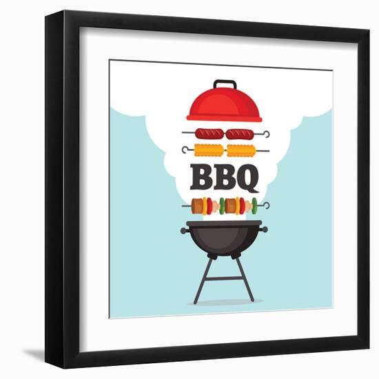 Bbq Party Background with Grill and Fire. Barbecue Poster. Flat Style, Vector Illustration.-Mallari-Framed Art Print