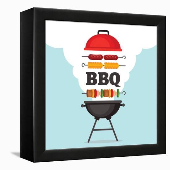 Bbq Party Background with Grill and Fire. Barbecue Poster. Flat Style, Vector Illustration.-Mallari-Framed Stretched Canvas