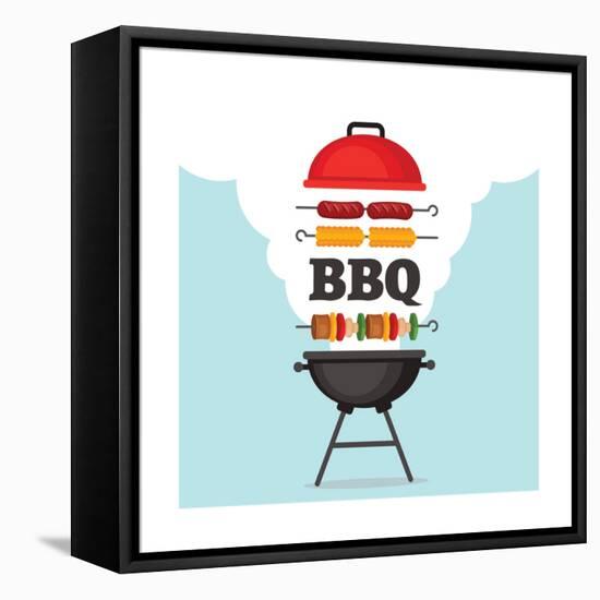 Bbq Party Background with Grill and Fire. Barbecue Poster. Flat Style, Vector Illustration.-Mallari-Framed Stretched Canvas