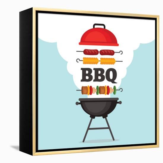 Bbq Party Background with Grill and Fire. Barbecue Poster. Flat Style, Vector Illustration.-Mallari-Framed Stretched Canvas