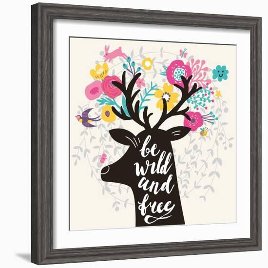 Be Wild and Free. Incredible Deer Silhouette with Awesome Horns Made of Flowers, Swallow, Rabbit, C-smilewithjul-Framed Art Print