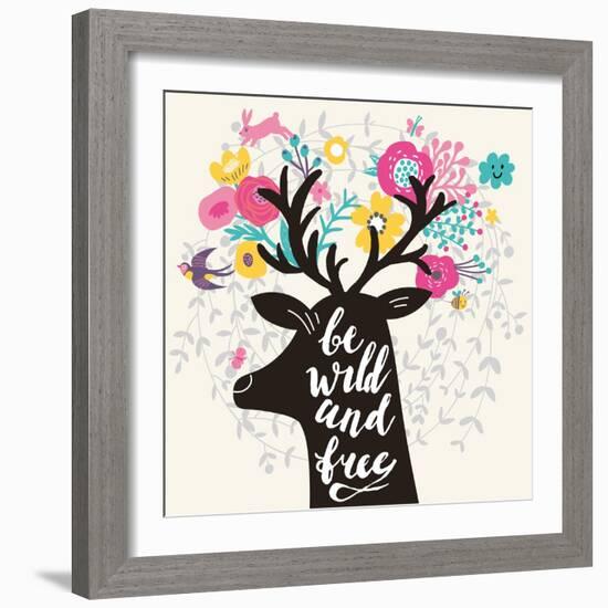 Be Wild and Free. Incredible Deer Silhouette with Awesome Horns Made of Flowers, Swallow, Rabbit, C-smilewithjul-Framed Art Print