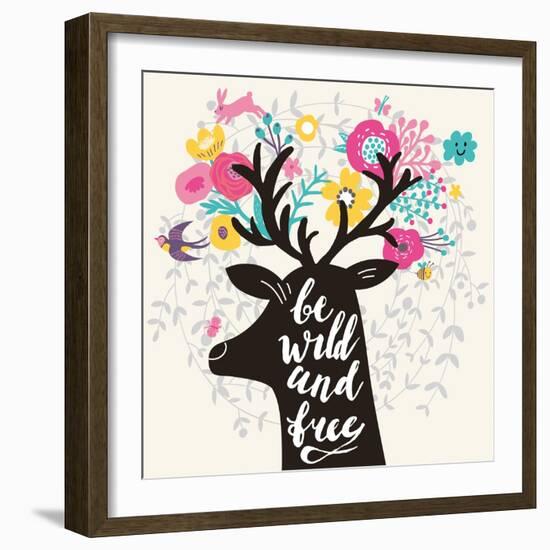 Be Wild and Free. Incredible Deer Silhouette with Awesome Horns Made of Flowers, Swallow, Rabbit, C-smilewithjul-Framed Art Print