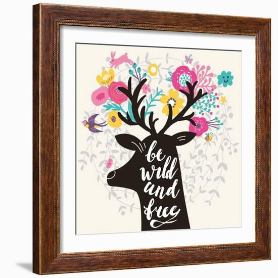 Be Wild and Free. Incredible Deer Silhouette with Awesome Horns Made of Flowers, Swallow, Rabbit, C-smilewithjul-Framed Art Print