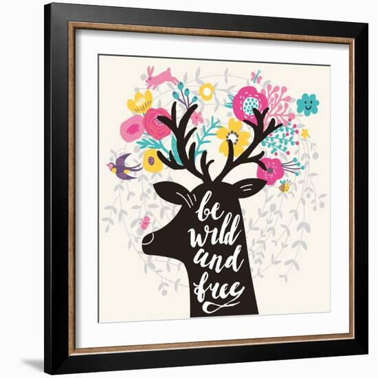 Be Wild and Free. Incredible Deer Silhouette with Awesome Horns Made of Flowers, Swallow, Rabbit, C-smilewithjul-Framed Art Print