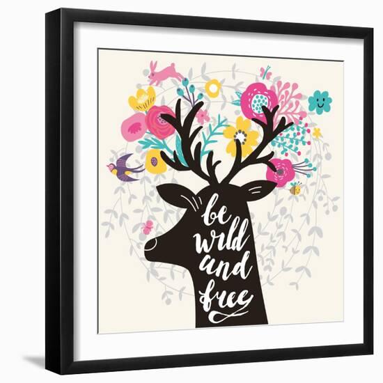 Be Wild and Free. Incredible Deer Silhouette with Awesome Horns Made of Flowers, Swallow, Rabbit, C-smilewithjul-Framed Art Print