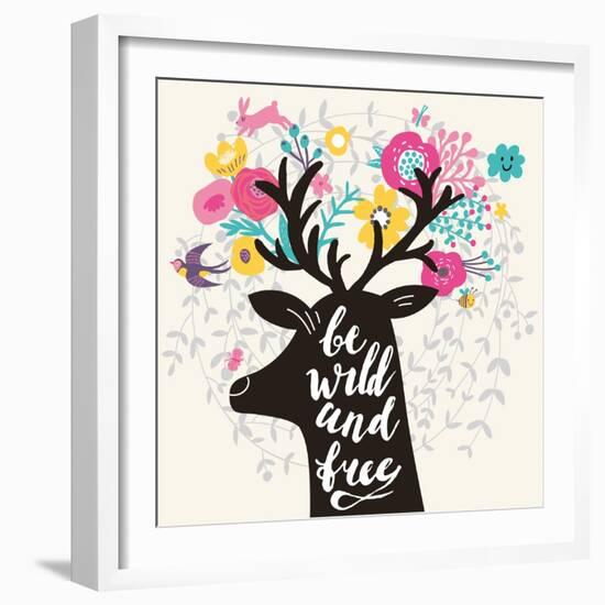 Be Wild and Free. Incredible Deer Silhouette with Awesome Horns Made of Flowers, Swallow, Rabbit, C-smilewithjul-Framed Art Print