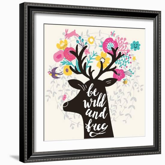 Be Wild and Free. Incredible Deer Silhouette with Awesome Horns Made of Flowers, Swallow, Rabbit, C-smilewithjul-Framed Art Print