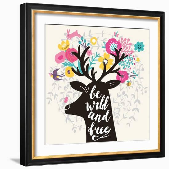 Be Wild and Free. Incredible Deer Silhouette with Awesome Horns Made of Flowers, Swallow, Rabbit, C-smilewithjul-Framed Art Print