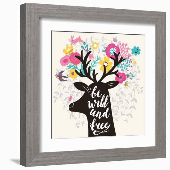 Be Wild and Free. Incredible Deer Silhouette with Awesome Horns Made of Flowers, Swallow, Rabbit, C-smilewithjul-Framed Art Print