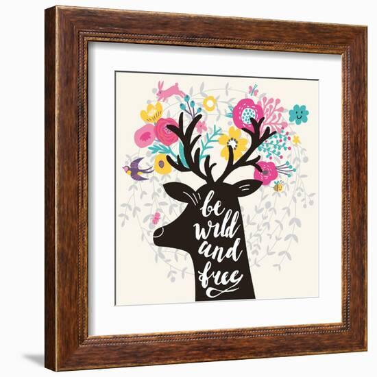 Be Wild and Free. Incredible Deer Silhouette with Awesome Horns Made of Flowers, Swallow, Rabbit, C-smilewithjul-Framed Art Print