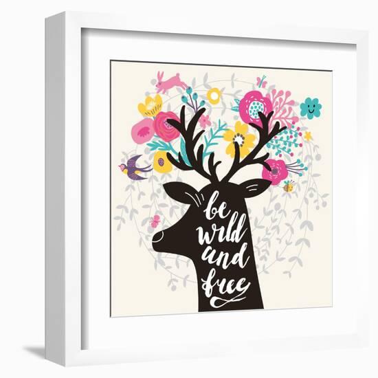 Be Wild and Free. Incredible Deer Silhouette with Awesome Horns Made of Flowers, Swallow, Rabbit, C-smilewithjul-Framed Art Print