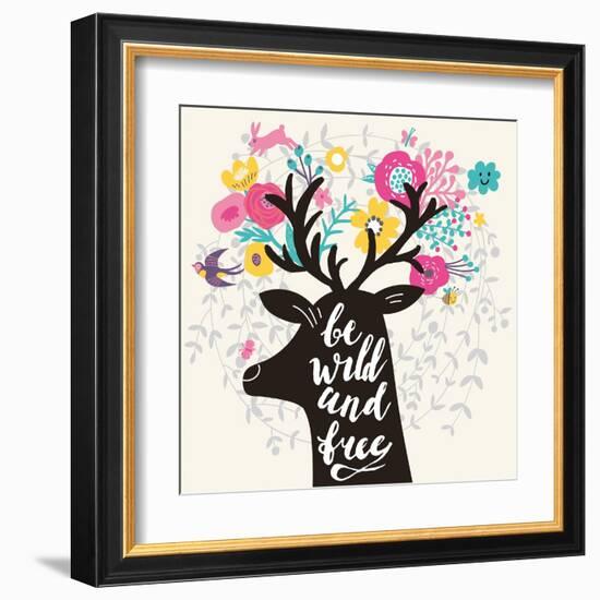 Be Wild and Free. Incredible Deer Silhouette with Awesome Horns Made of Flowers, Swallow, Rabbit, C-smilewithjul-Framed Art Print