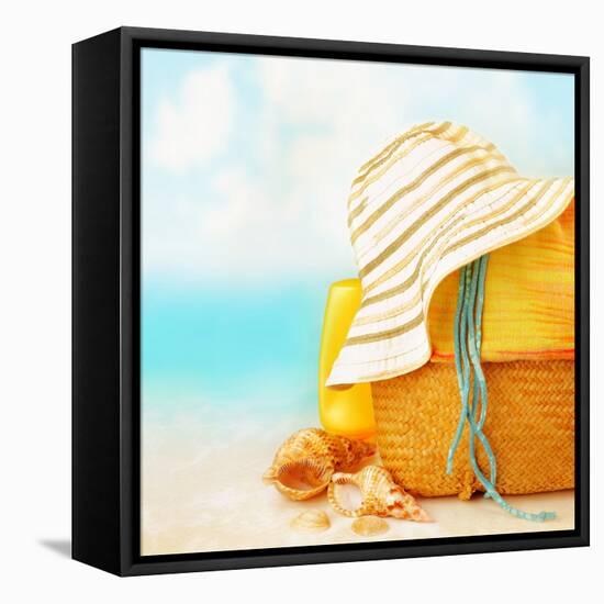 Beach Accessories on the Sand near Sea, Skin Protection, Seashell, Hat, Bag, Day Spa, Tropical Reso-Anna Omelchenko-Framed Premier Image Canvas