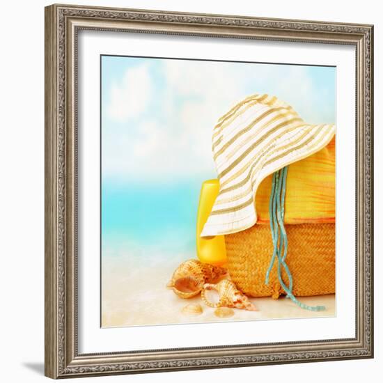 Beach Accessories on the Sand near Sea, Skin Protection, Seashell, Hat, Bag, Day Spa, Tropical Reso-Anna Omelchenko-Framed Photographic Print