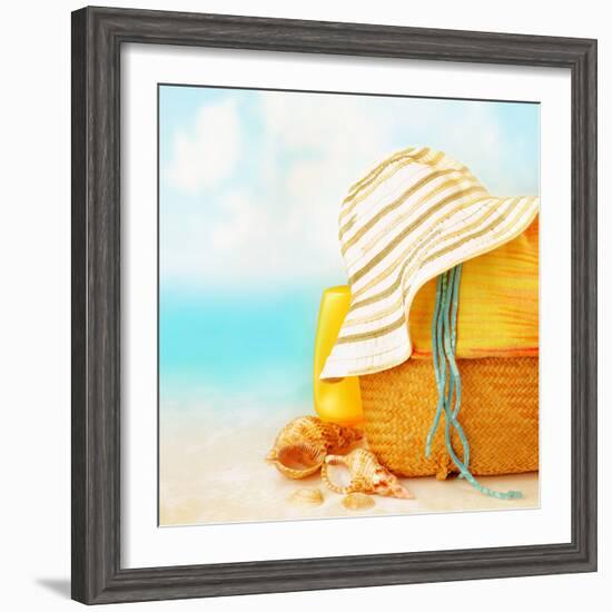 Beach Accessories on the Sand near Sea, Skin Protection, Seashell, Hat, Bag, Day Spa, Tropical Reso-Anna Omelchenko-Framed Photographic Print