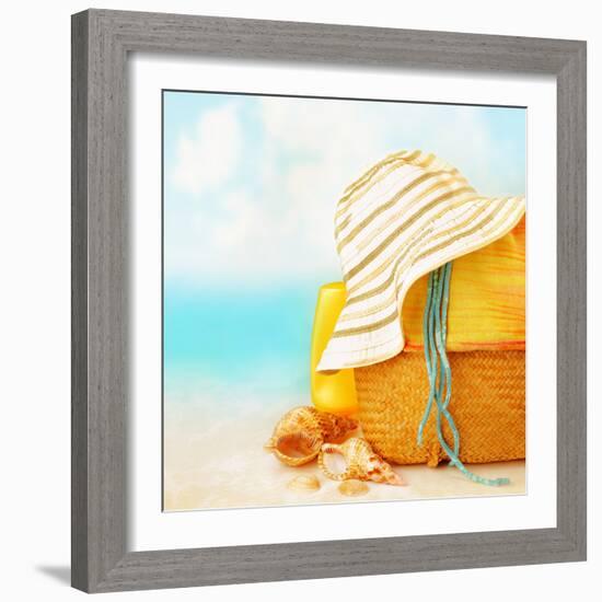 Beach Accessories on the Sand near Sea, Skin Protection, Seashell, Hat, Bag, Day Spa, Tropical Reso-Anna Omelchenko-Framed Photographic Print