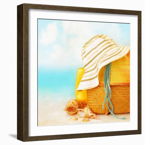 Beach Accessories on the Sand near Sea, Skin Protection, Seashell, Hat, Bag, Day Spa, Tropical Reso-Anna Omelchenko-Framed Photographic Print