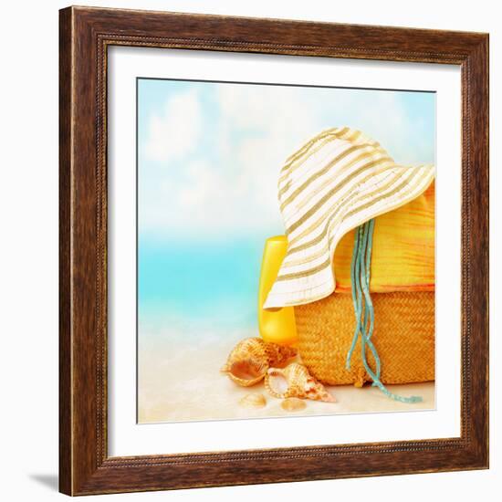 Beach Accessories on the Sand near Sea, Skin Protection, Seashell, Hat, Bag, Day Spa, Tropical Reso-Anna Omelchenko-Framed Photographic Print