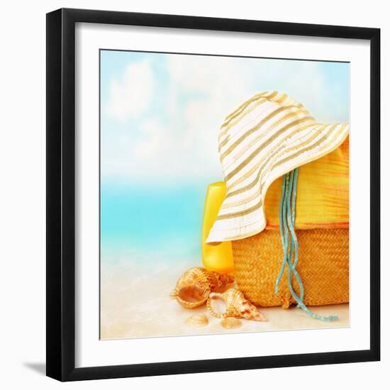 Beach Accessories on the Sand near Sea, Skin Protection, Seashell, Hat, Bag, Day Spa, Tropical Reso-Anna Omelchenko-Framed Photographic Print