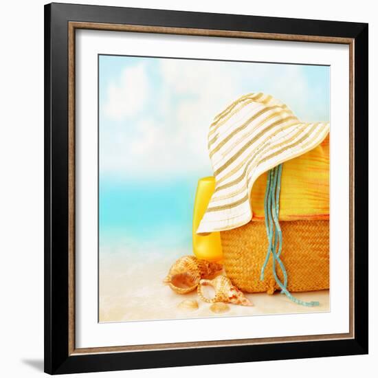 Beach Accessories on the Sand near Sea, Skin Protection, Seashell, Hat, Bag, Day Spa, Tropical Reso-Anna Omelchenko-Framed Photographic Print