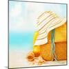 Beach Accessories on the Sand near Sea, Skin Protection, Seashell, Hat, Bag, Day Spa, Tropical Reso-Anna Omelchenko-Mounted Photographic Print