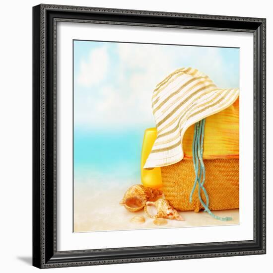 Beach Accessories on the Sand near Sea, Skin Protection, Seashell, Hat, Bag, Day Spa, Tropical Reso-Anna Omelchenko-Framed Photographic Print