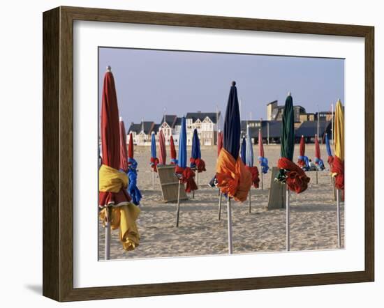 Beach and Rolled up Umbrellas, Deauville, Basse Normandie (Normandy), France-Guy Thouvenin-Framed Photographic Print
