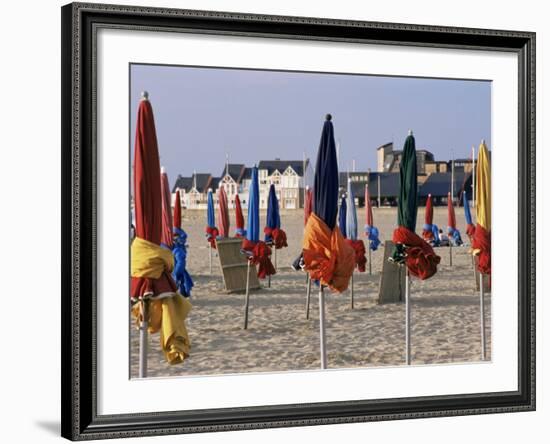 Beach and Rolled up Umbrellas, Deauville, Basse Normandie (Normandy), France-Guy Thouvenin-Framed Photographic Print