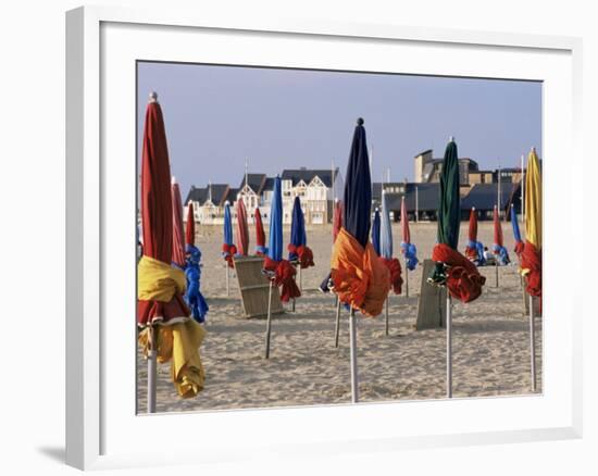 Beach and Rolled up Umbrellas, Deauville, Basse Normandie (Normandy), France-Guy Thouvenin-Framed Photographic Print
