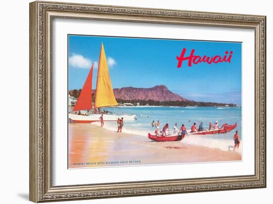 Beach at Waikiki, Hawaii-null-Framed Art Print