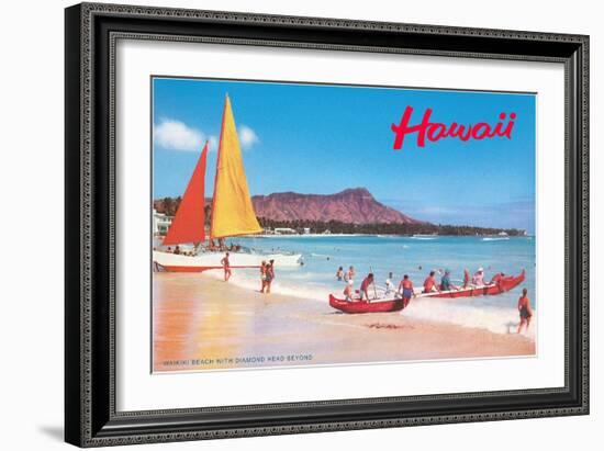 Beach at Waikiki, Hawaii-null-Framed Art Print
