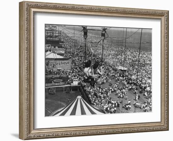 Beach Crowds as Seen from the Parachute Jump at Steeple Park, Coney Island, NY, 1950-null-Framed Photo