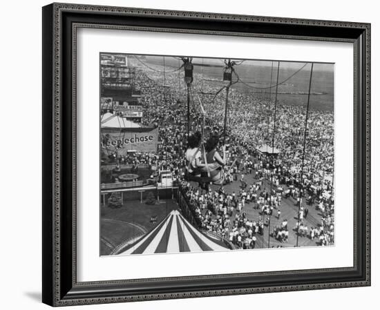 Beach Crowds as Seen from the Parachute Jump at Steeple Park, Coney Island, NY, 1950-null-Framed Photo