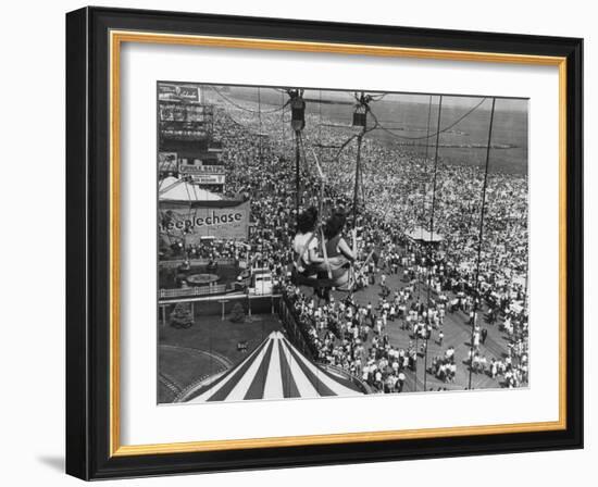 Beach Crowds as Seen from the Parachute Jump at Steeple Park, Coney Island, NY, 1950-null-Framed Photo