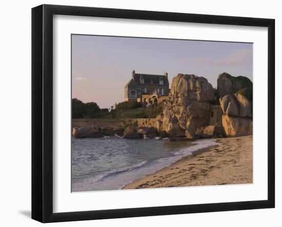 Beach House Built Behind Rocks, Tregastel, Cote De Granit Rose, Cotes d'Armor, Brittany, France-David Hughes-Framed Photographic Print