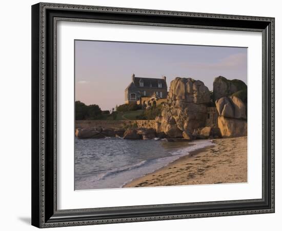 Beach House Built Behind Rocks, Tregastel, Cote De Granit Rose, Cotes d'Armor, Brittany, France-David Hughes-Framed Photographic Print