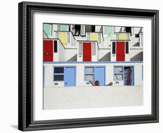 Beach Huts on Tolcarne Beach, Newquay, Cornwall, England-Julian Love-Framed Photographic Print