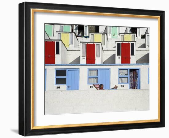 Beach Huts on Tolcarne Beach, Newquay, Cornwall, England-Julian Love-Framed Photographic Print