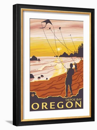 Beach & Kites, Depoe Bay, Oregon-Lantern Press-Framed Art Print