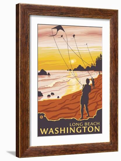 Beach & Kites, Long Beach, Washington-Lantern Press-Framed Art Print