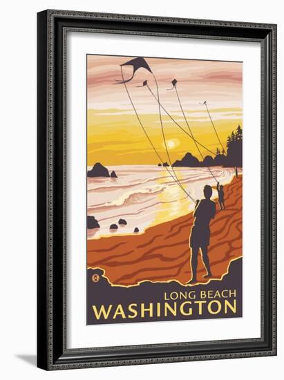 Beach & Kites, Long Beach, Washington-Lantern Press-Framed Art Print