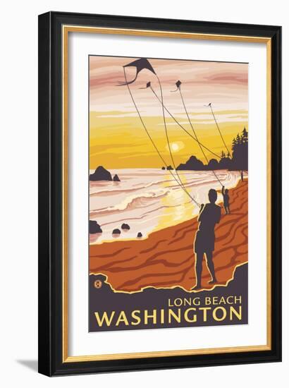 Beach & Kites, Long Beach, Washington-Lantern Press-Framed Art Print