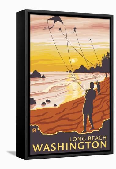 Beach & Kites, Long Beach, Washington-Lantern Press-Framed Stretched Canvas