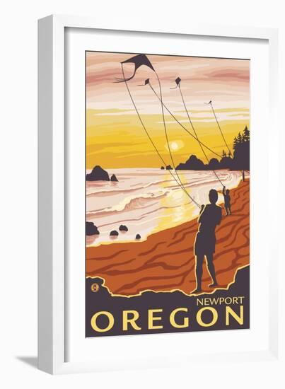 Beach & Kites, Newport, Oregon-Lantern Press-Framed Art Print