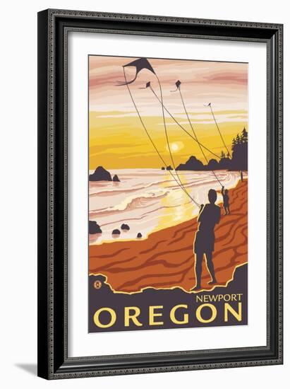 Beach & Kites, Newport, Oregon-Lantern Press-Framed Art Print