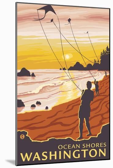 Beach & Kites, Ocean Shores, Washington-Lantern Press-Mounted Art Print